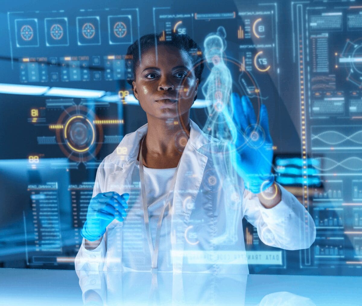 Scientist interacting with holographic human anatomy display