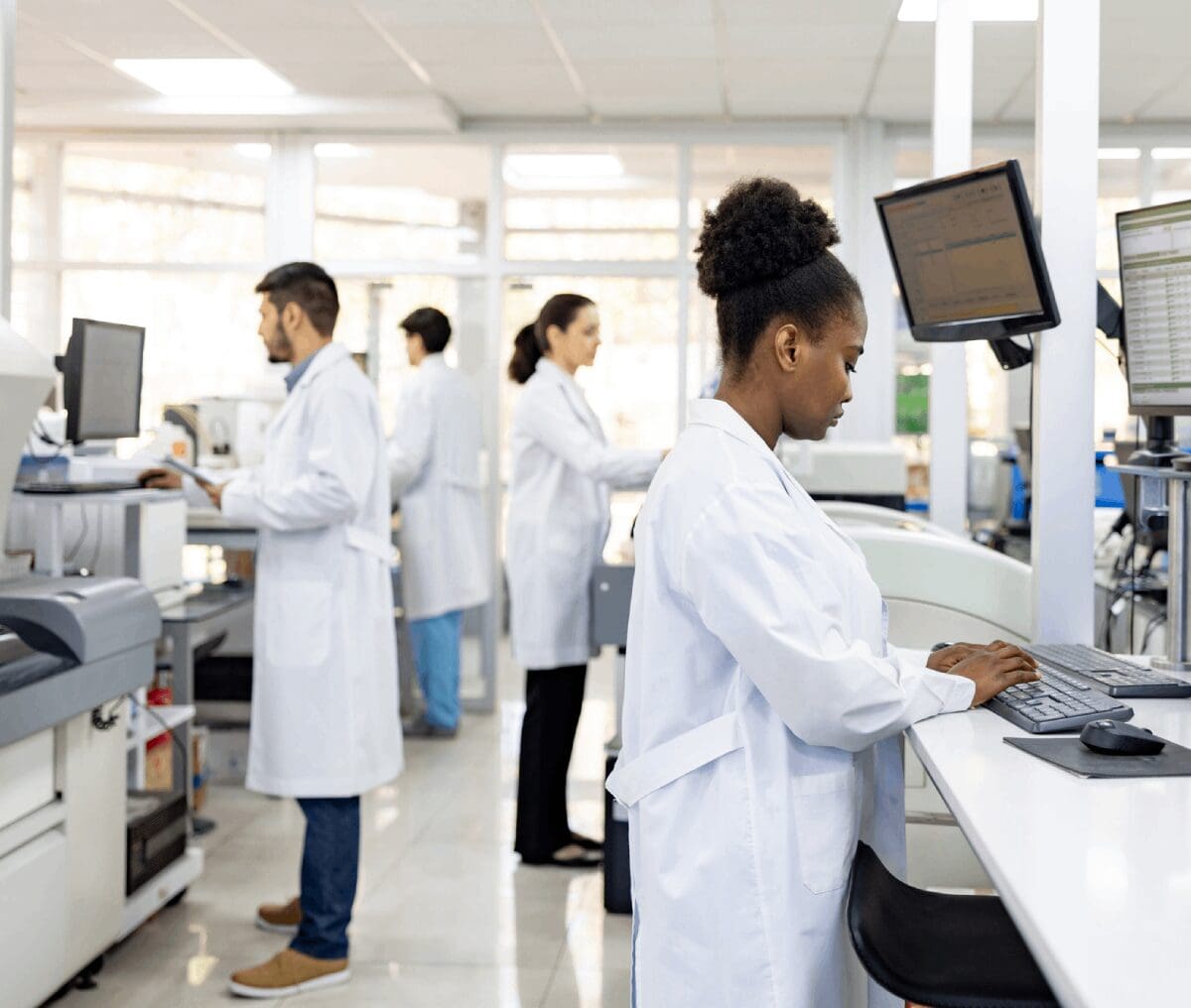 Scientists working at computers in laboratory