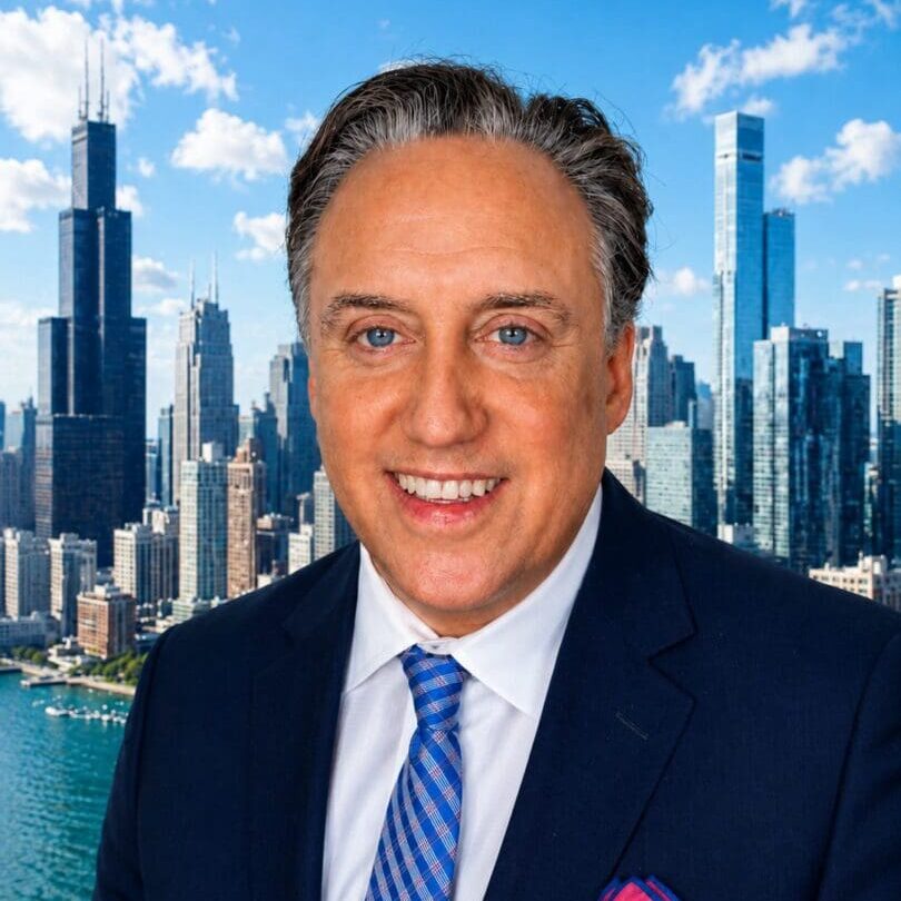 Business professional wearing navy suit, city view